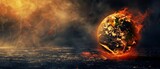A globe ablaze flames engulfing continents symbolizing global crisis or environmental disaster against a dark sky
