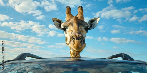 A giraffe trying to fit into a small car head and neck sticking out from the sunroof at a drivethrough safari