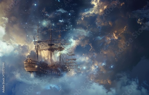 A ghost pirate ship sailing through the clouds crewed by spectral figures hunting for celestial treasures