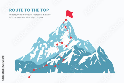 Route to the Top of the Mountain Infographic Design, Business Strategy, and Target. climbing route to the goal. Vector illustration flat design.