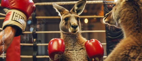 A kangaroo in a boxing ring wearing gloves looking bewildered at its own reflection in a mirror thinking its the opponent
