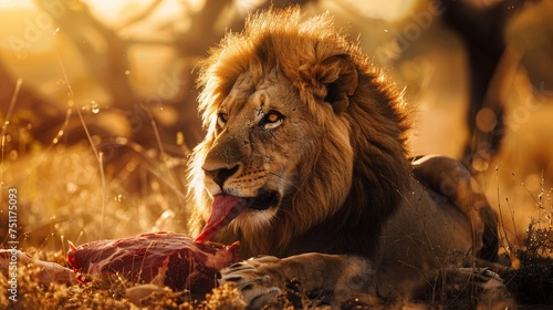 A majestic lion savoring a fresh steak in a sunlit savannah showcasing power and appetite