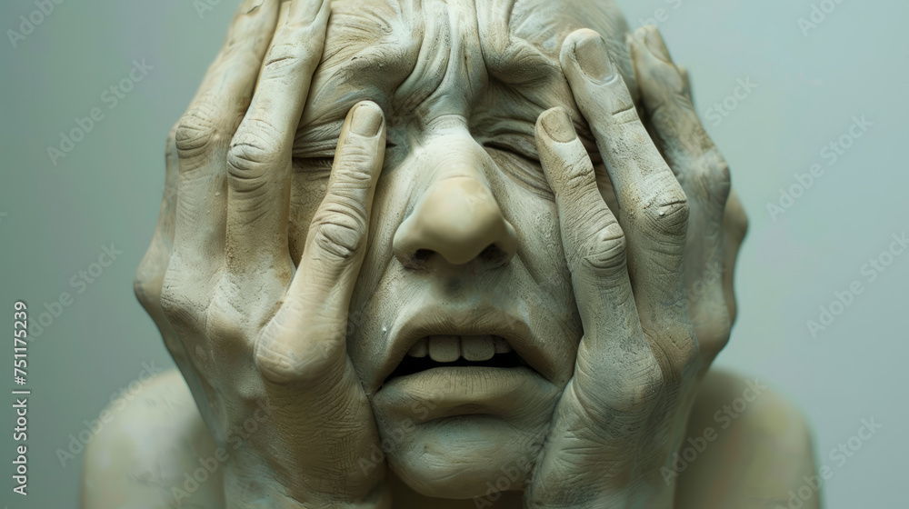 Hyper-Realistic Sculpture of an Elderly Person Expressing Despair With Hands on Face. A close-up view of a hyper-realistic sculpture captures the intricate details of an elderly persons. Hyper-Realistic Sculpture of an Elderly Person Expressing Despair With Hands on Face. A close-up view of a hyper-realistic sculpture captures the intricate details of an elderly persons.