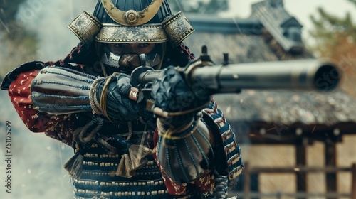 A samurai in traditional armor aiming a bazooka juxtaposing ancient honor with modern weaponry