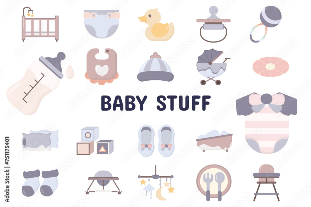 Baby Stuff Flat Vector Illustration Icon Sticker Set Design Materials