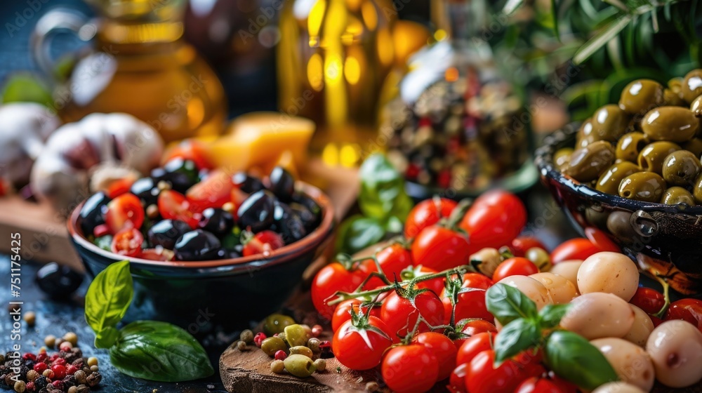 National Mediterranean Diet Month. A vibrant display of Mediterranean diet staples such as fresh tomatoes, herbs, chickpeas, and olive oil, laid out on a wooden kitchen surface.
