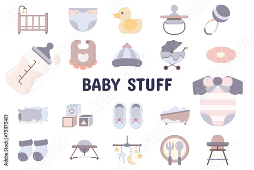 Baby Stuff Flat Vector Illustration Icon Sticker Set Design Materials