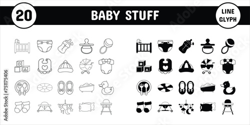 Baby Stuff Line Glyph Vector Illustration Icon Sticker Set Design Materials