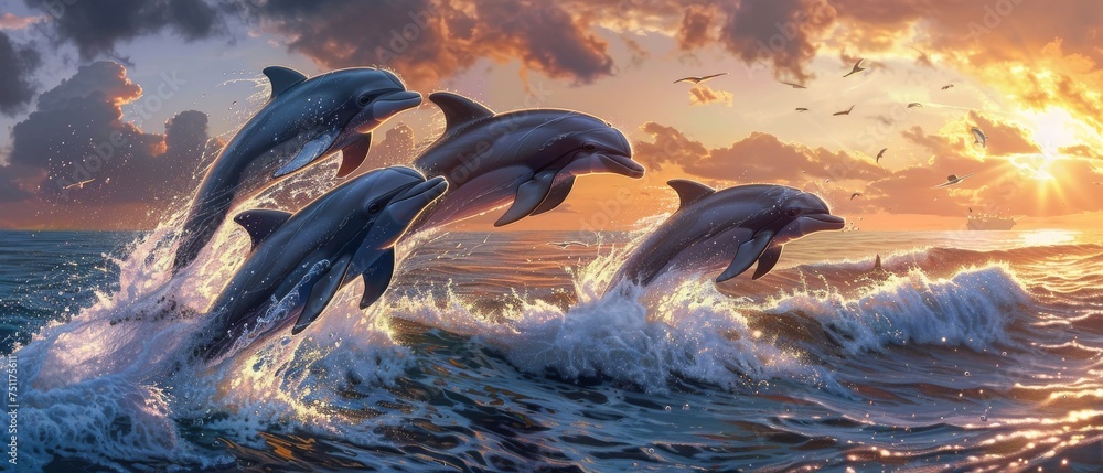 Dolphins leaping joyfully to catch fish in sparkling ocean waters embodying freedom and agility - obrazy, fototapety, plakaty 