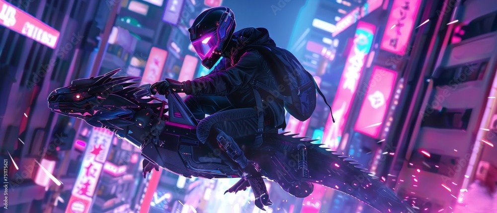 Female cyborg ninja and her dragon gliding through a neonlit night sky - obrazy, fototapety, plakaty 