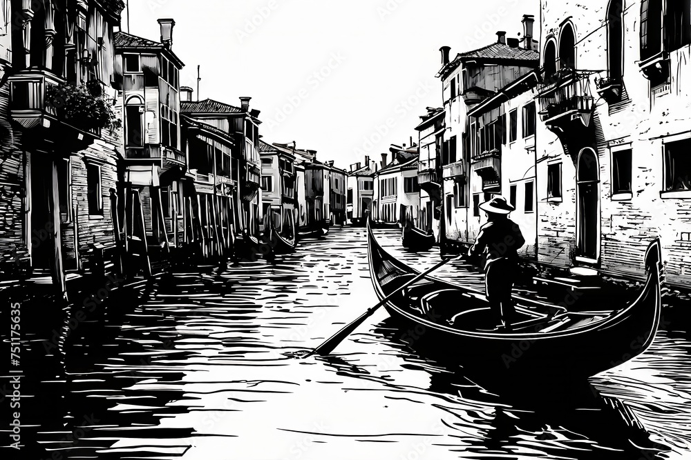 black and white line art gondola