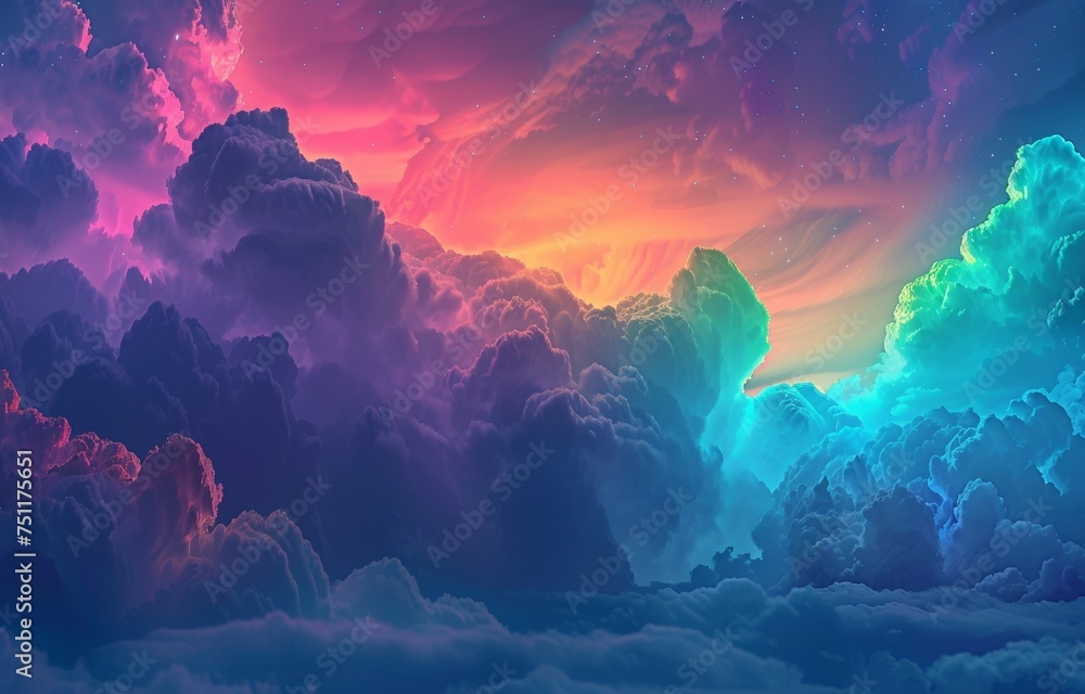 Fluffy clouds tinged with neon or rainbow hues against a deep twilight backdrop