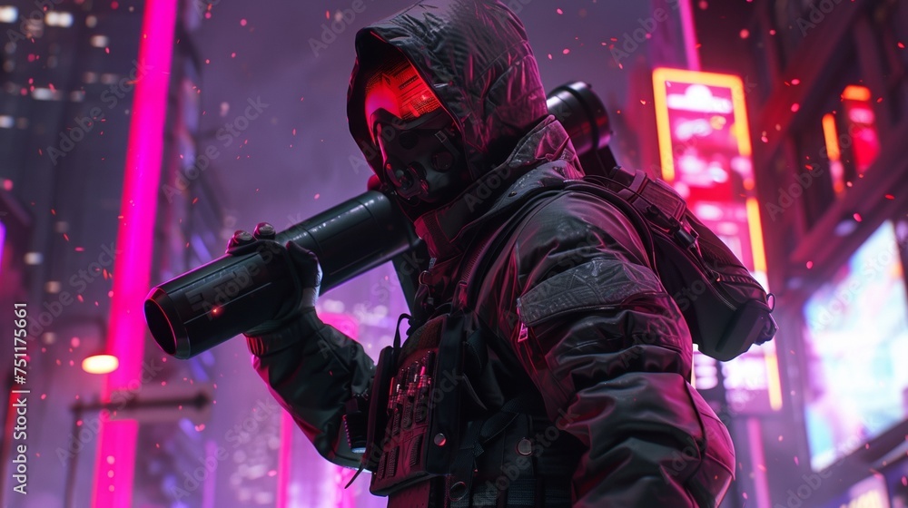 Future cop in tactical gear holding a bazooka over his shoulder in a neonlit city