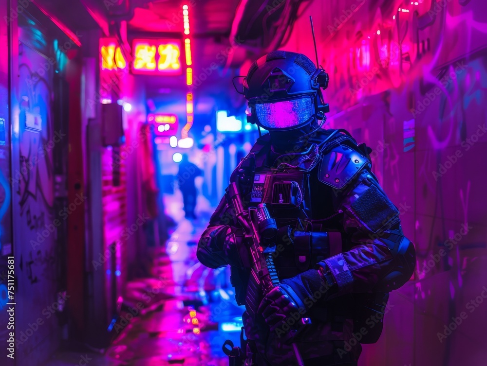 Future SWAT officer with holographic shield breaching a neondrenched alleyway