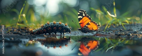 Embracing change  A caterpillar looking at its reflection in a puddle seeing a butterfly symbolizing selftransformation and growth photo