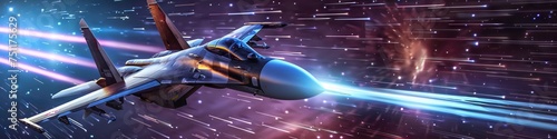 Fighter pilot in a neon jet executing a highspeed maneuver under stars photo