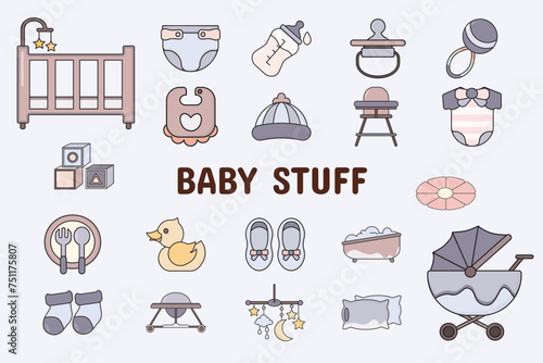 Baby Stuff Lineal Color Vector Illustration Icon Sticker Set Design Materials