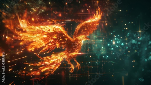 Phoenix emerging from a screen digital pixels transforming into flames symbolizing rebirth in cyberspace