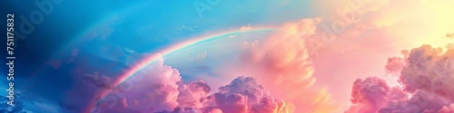 Rainbow clouds adrift in a neon blue sky creating a dreamlike atmosphere