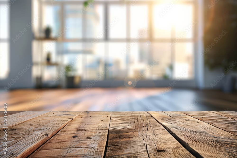 A spacious office with a wooden table illuminated by panoramic windows, creating a bright ambiance with natural light A spacious office with a wooden table illuminated by panoramic windows, creating a bright ambiance with natural light