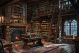 A cozy library scene with a fireplace and a bookshelf filled with books, perfect for a winter evening. Generative AI