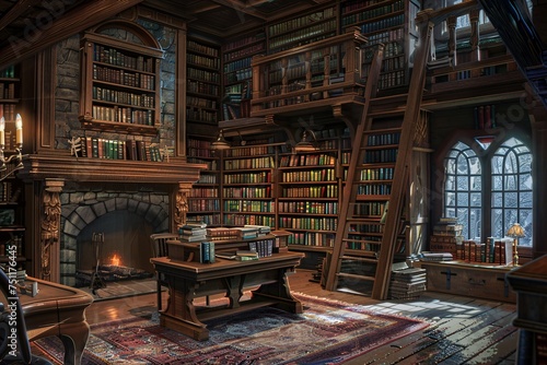 A cozy library scene with a fireplace and a bookshelf filled with books, perfect for a winter evening. Generative AI