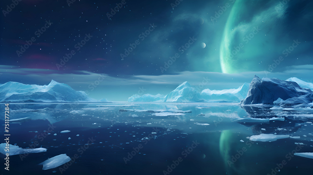 Icebergs and aurora borealis at night. 3d rendering