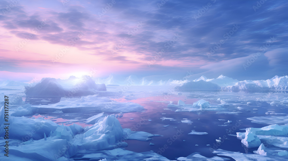 Beautiful landscape with icebergs. 3D render of the iceberg.