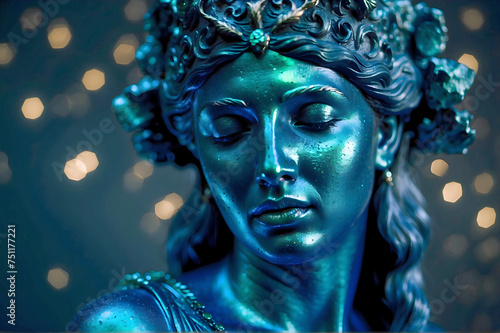 Close Up of a Greek Goddess Statue with Cinematic Blue Lighting and Blurred Bokeh Background © Mordikai Art