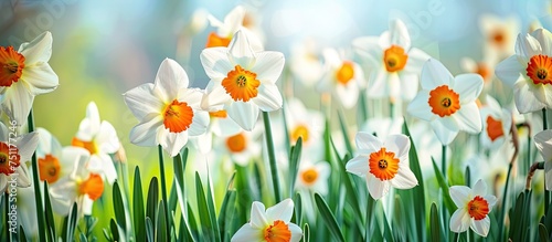 A cluster of vibrant white and orange Narcissus flowers blossoming in the lush green grass.