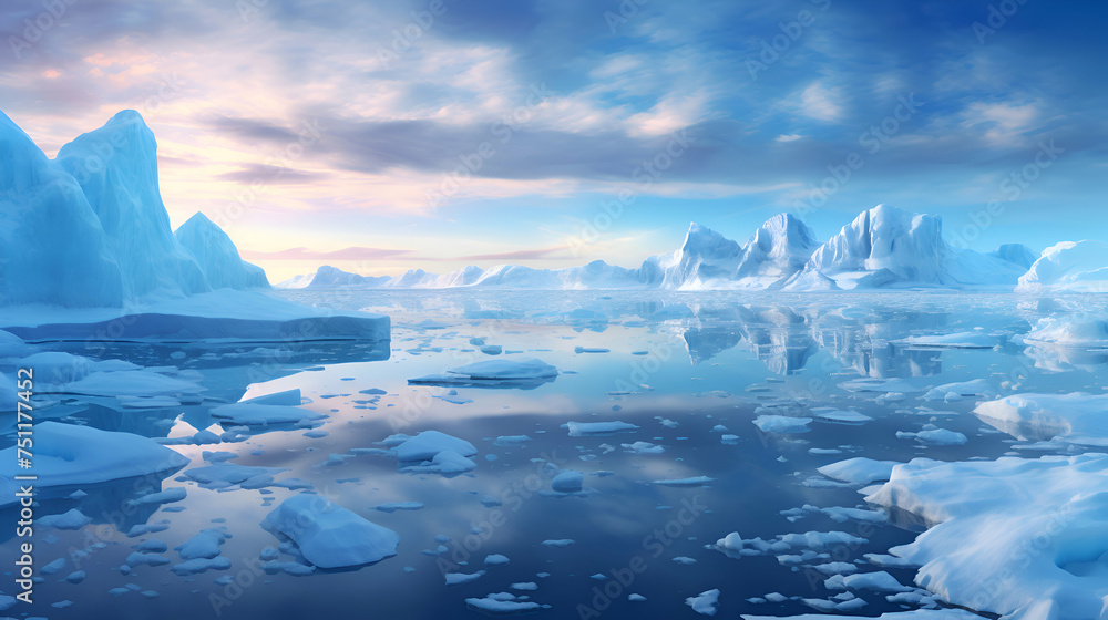 Fototapeta premium Icebergs floating in the ocean. 3D rendering illustration.