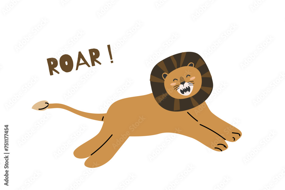 Fototapeta premium Cute jungle wild animal roaring - lion in scandinavian style