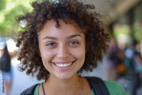 Smiling Beauty with Curly Hair and Green Shirt Generative AI