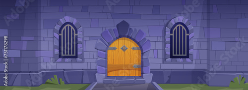 Medieval castle stone wall with wooden close doors in form of arch. Old brick pillar with double gate and windows with bars. Cartoon ancient kingdom fortress or temple building barrier with entrance.