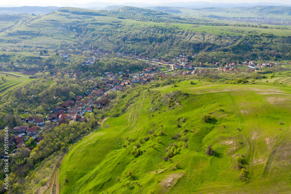 Aerial view of a typical Hungarian village in Romania
