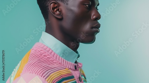 young black man wearing a retro style jumper and shirt in pastel colors, modern accessories, pastel background, grandpacore aestheic photo