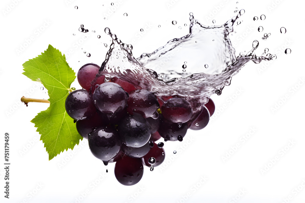Bunch of red grapes with water splash on white background