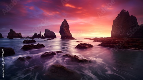 Panoramic seascape with rocks in the sea at sunset