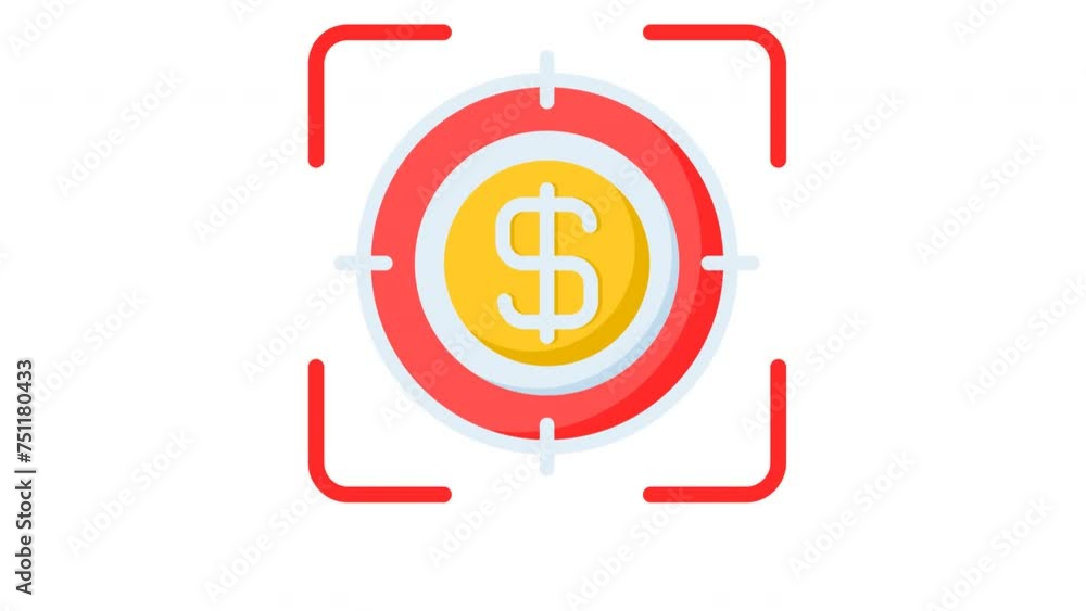 Animated target with red color and yellow coin dollar sign icon. Suitable for financial presentations or investment related designs. Bold and eye catching for financial branding Animated target with red color and yellow coin dollar sign icon. Suitable for financial presentations or investment related designs. Bold and eye catching for financial branding