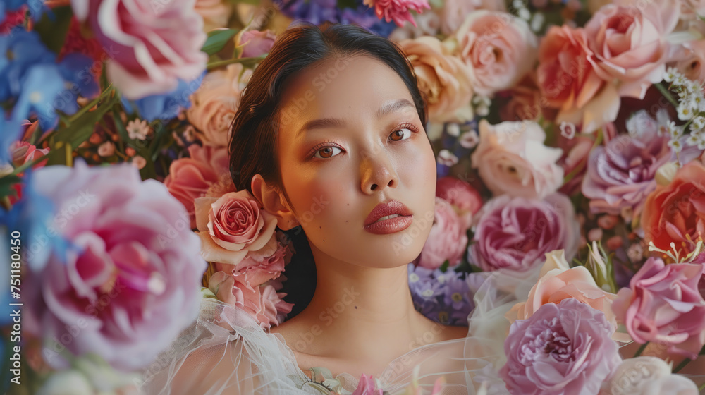 Portrait of beautiful asian elegant woman. In the background there are roses and flowers in bright, vibrant and beautiful pastel colors. Portrait of beautiful asian elegant woman. In the background there are roses and flowers in bright, vibrant and beautiful pastel colors.
