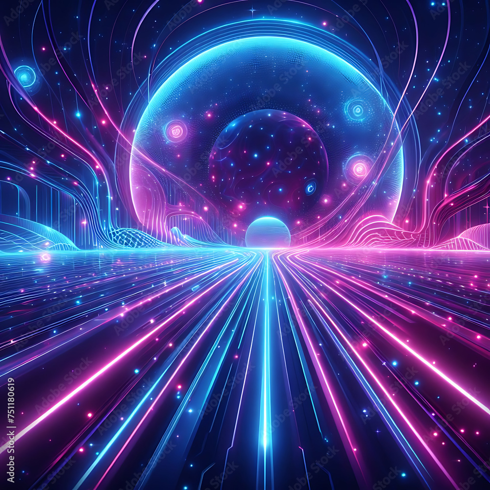 Obraz premium Digital and Space Neon effect background with blue purple and pink color