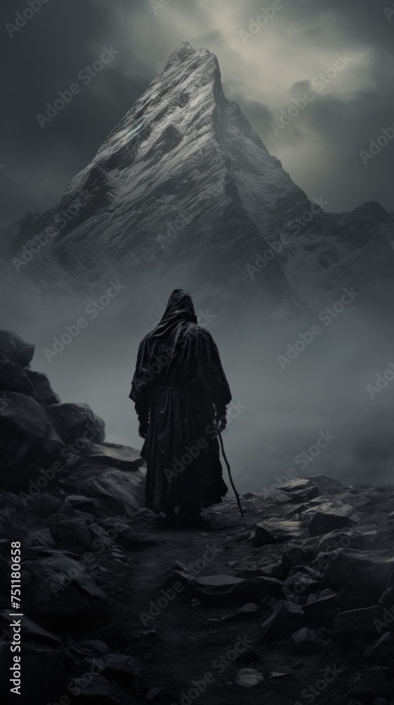 The silhouette of a man walking in the dark against the background of high Mountains. The silhouette of a man walking in the dark against the background of high Mountains.