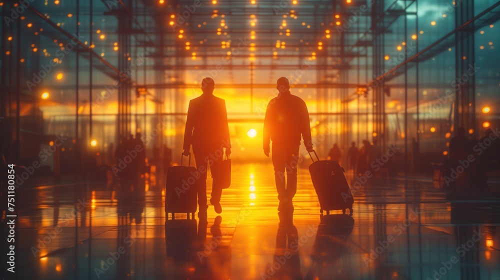 businessmen in the airport at sunset go to board the plane businessmen in the airport at sunset go to board the plane