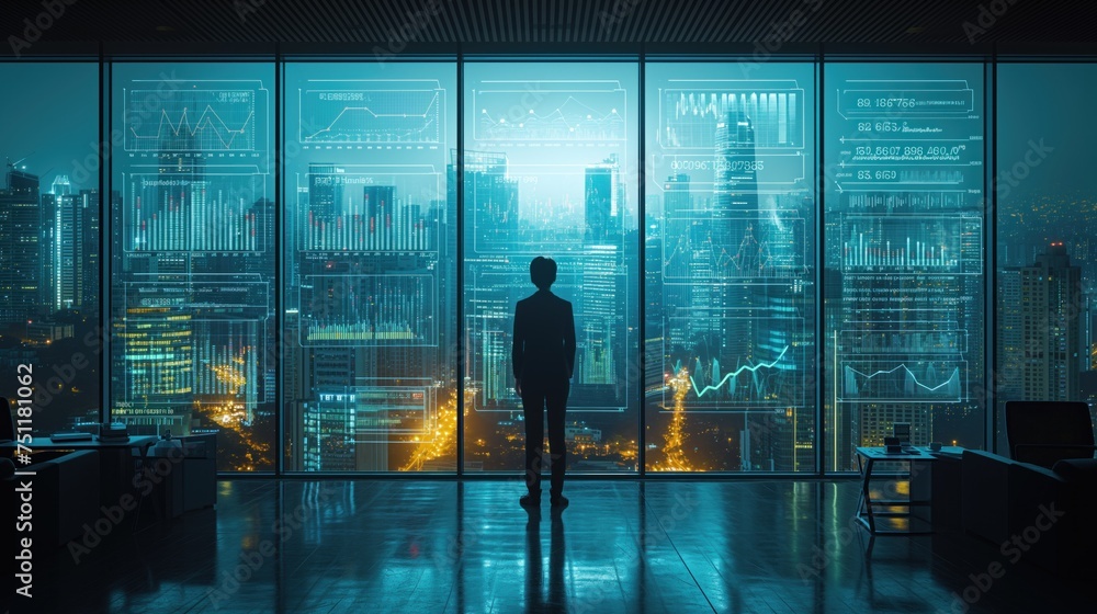 business man stands in front of large screens with graphs business man stands in front of large screens with graphs