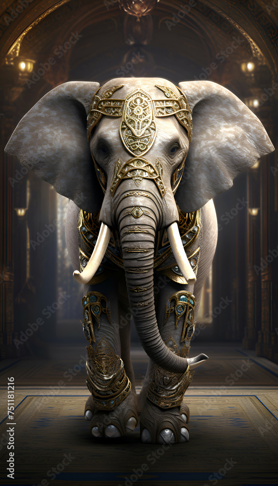 Elephant in a dark room with golden armor. 3D rendering