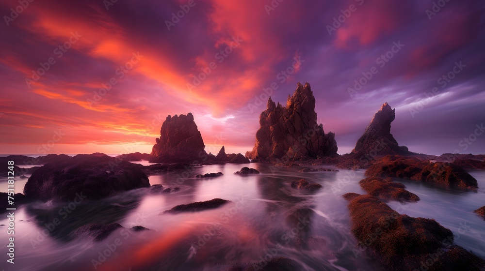 Long exposure panorama of seascape at sunset. Beautiful seascape at sunset time.