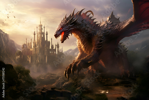 Fantasy landscape with fantasy dragon and castle. 3d illustration. © Wazir Design