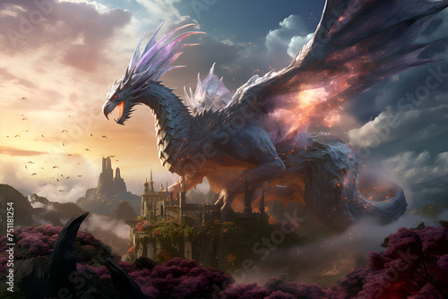 Fantasy landscape with fantasy dragon and castle. 3D illustration.