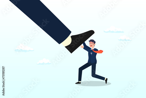 Small employee trying to push back giant boss or competitor big feet, unfair competition, cheating or using authority and power to abuse competitor, violence, conflict or employee fight (Vector)