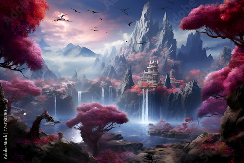 Fantasy landscape with a waterfall and a temple. 3D rendering photo